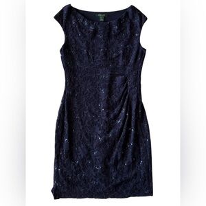Lauren Ralph Lauren Navy Lace Sequined Midi Fitted Sheath Evening Dress Size 14